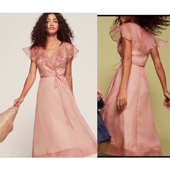 Reformation Dresses & Skirts - Reformation Cannes Dress Size L pink Wrap ruffle chiffon sheer rayon viscose
